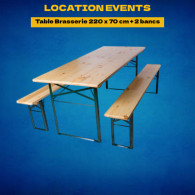 Location table brasserie 220 × 70 cm avec 2 bancs – 8 à 10 personnes